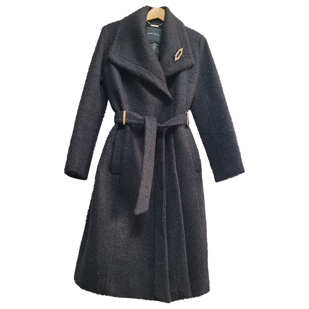 Ivanka Trump Wool Blend Black Dress Coat with gold accent brooch.